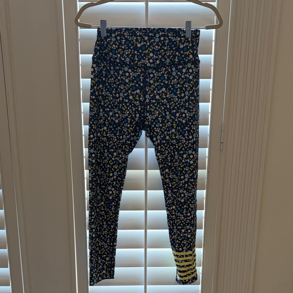 Addison Bay Navy Floral Leggings with Yellow Stripe Hem